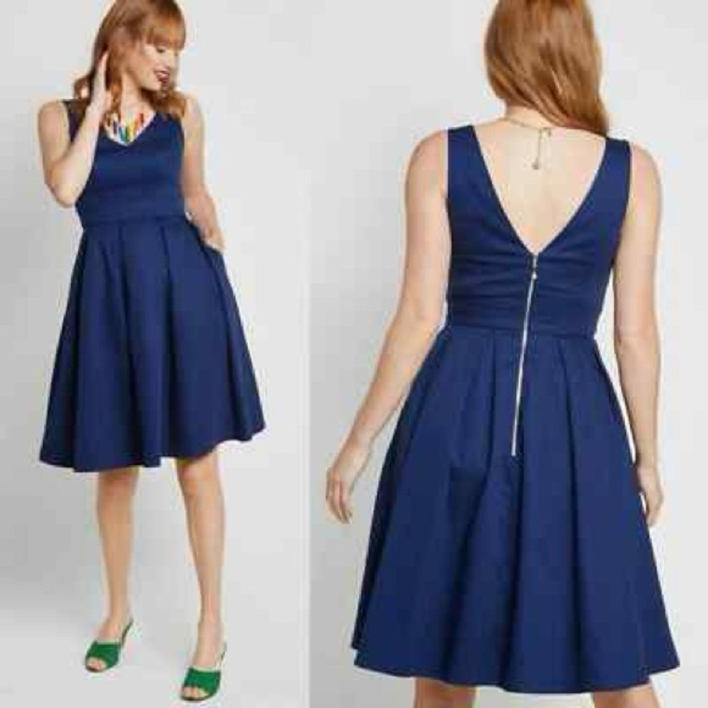 ModCloth Fervour Triumphantly Timeless Blue Pleated Dress - Size 1XL